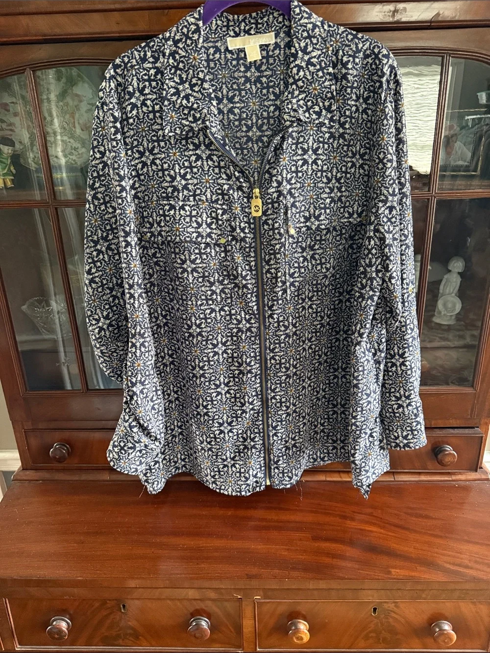Michael Kors Navy and White Printed Zip-Front Blouse